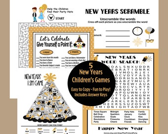 New Years Games for Kids, New Years Eve Children's Games, New Years Maze, New Years Scramble, I Spy New Years Game, Instant Download