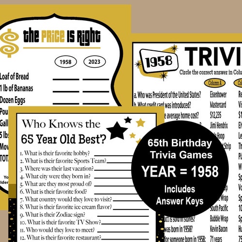 65th Birthday Party Games 65 Trivia Party Games 1958 Gold Etsy