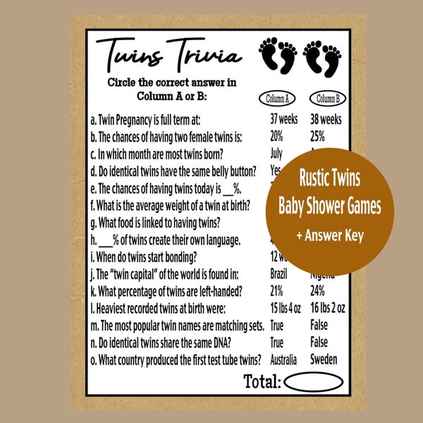 Rustic Twins Trivia Game, Printable Twins Baby Shower Rustic Games, Rustic Baby Shower Game, Baby Boy Rustic Shower Game, Instant Download