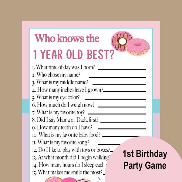 1st Birthday Game, Donut 1st Birthday Party Game, Girls First Birthday Trivia Game, Donut Grow Up Game, Donut Printable, Instant Download