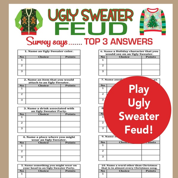 Ugly Sweater Party Game, Group Game, Office Party Game, Christmas Family Feud, Teen Ugly Sweater Party, Holiday Trivia, Instant Download