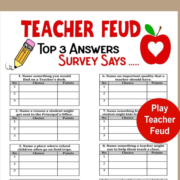 Teacher Trivia Game, Teacher Feud Game, Teacher Retirement Game, Elementary Teacher Game, Teacher Appreciation Activity, School Game