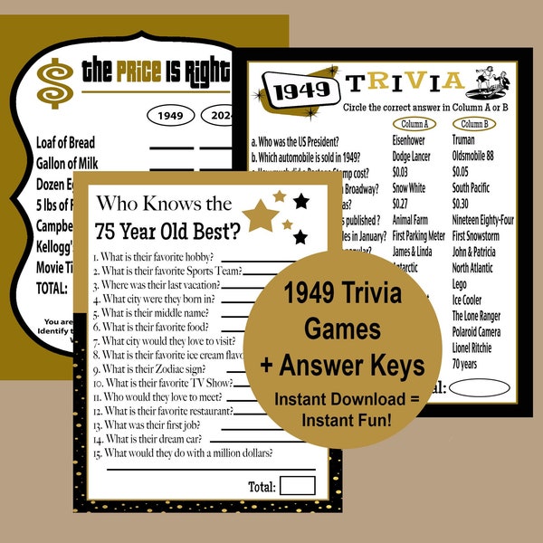 75th Birthday Party Games, Price is Right 75th, 1949 Trivia Games, 1949 Birthday Party Printable Games, Fun Games for Kids and Adults