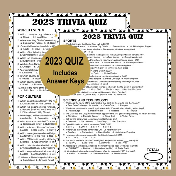 New Years Eve Trivia Game, New Years Printable Games, 2024 New Years Day Printable, The Year in Review 2023 Trivia Game for teens, adults