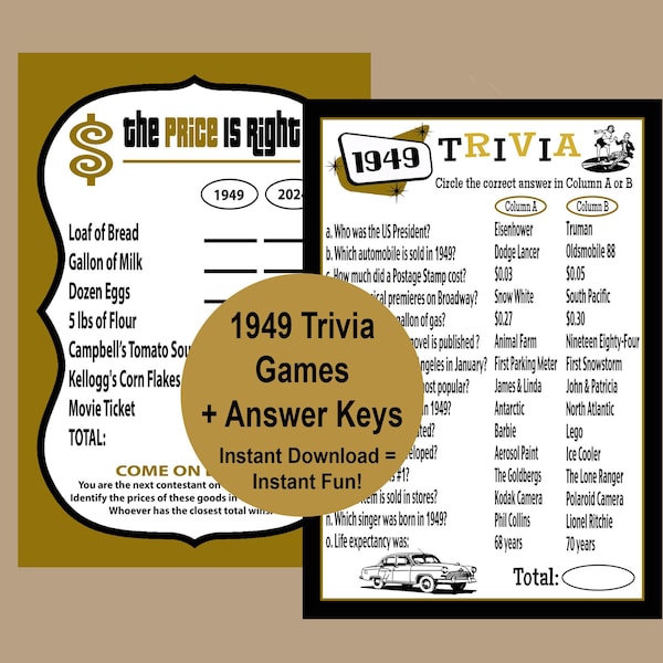 75th Birthday Games, 75th Birthday Party, 1949 Trivia Game, 1949 Price is Right Game, Fun 1949 Printable Games for Adults, Instant Download