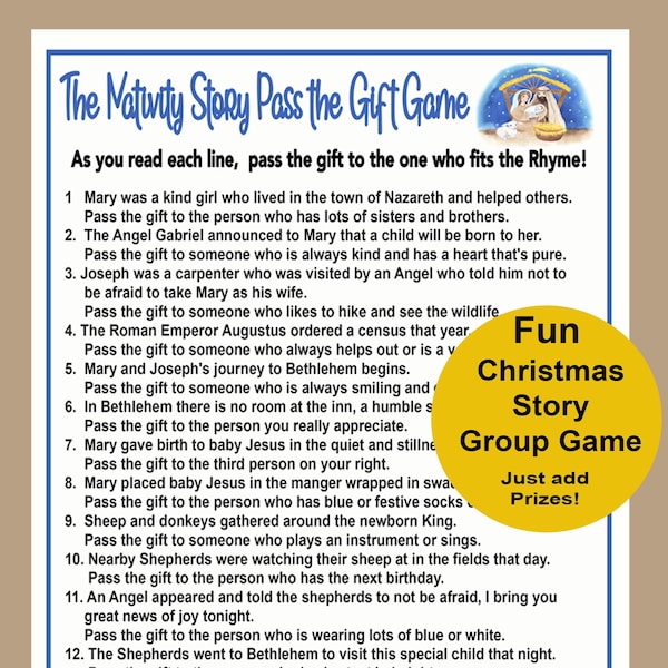 Nativity Pass the Gift Game, Nativity Game, Christmas Story Game, Christmas Group Game for Church, Pass the Present Game, Bible Game