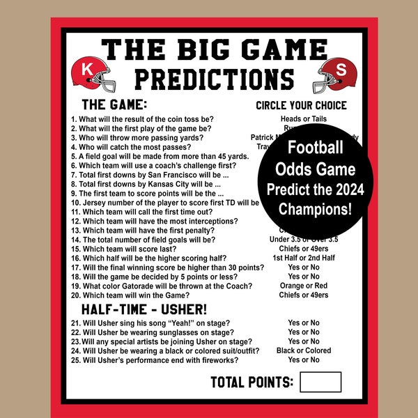 Super Predictions 58 Game, The Big Game Predictions, Watch Party Game, Kansas City Trivia, Football Betting Pool, San Francisco Game 58