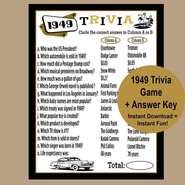 1949 Trivia Game, 75th Birthday Party Game, 75th Birthday Gold and Black Trivia Party Game, 1949 Party Icebreaker Game, Instant Download