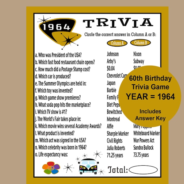 1964 Trivia Game, 60th Birthday Party Game, 60th Birthday Gold and Black Trivia Party Game, 1964 Party Icebreaker Game, Instant Download