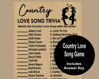 Country Love Song Trivia Game,  Engagement Party Games, Rustic Bridal Shower Song Game, Anniversary Games, Instant Download