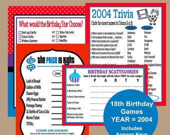 18e jeux de fête d'anniversaire, jeux imprimables de fête d'anniversaire adulte, jeux-questionnaires d'anniversaire 2004, scattegories d'anniversaire imprimables