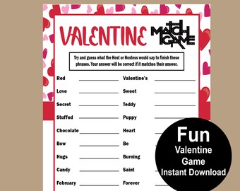 Valentine Finish the Phrase Game, Valentine Match Game, Fun Valentine Group Game, Fun Games for Teens and Adults, Printable Valentine Game