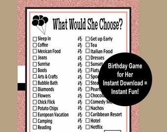 Birthday Party Games for Women, What would She Choose, 21st, 25th, 30th, 40th, 50th Birthday Party Game, This or That Game, Printable