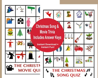 Może przedstawiać: Dwie drukowane plansze do gry świątecznej z czerwonym kółkiem w środku. Koło zawiera tekst "Christmas Song & Movie Trivia Includes Answer Keys Instant Download = Instant Fun!" Lewa plansza nosi tytuł "The Christmas Movie Quiz", a prawa "The Christmas Song Quiz".