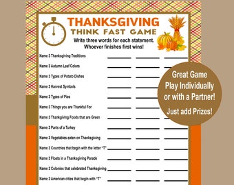 Thanksgiving Trivia Game, Think Fast Game, Thanksgiving Printable Games, Fun Friendsgiving Game, Zoom Game, Family Game, Instant Download