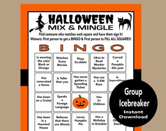 Icebreaker Bingo, Halloween Mix and Mingle Icebreaker, Halloween Group Game, Halloween Human Bingo, Find the Guest Game, Instant Download