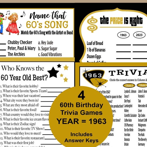 1963 Trivia Game 60th Birthday Party Game 60th Birthday Gold Etsy