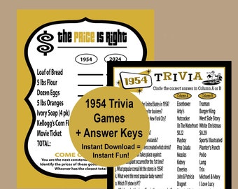 70th Birthday Party Games, 70th Birthday Gold and Black Trivia Games, 1954 Trivia Games, 1954 Price is Right Game, Instant Download