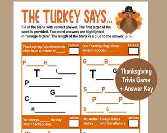 May include: A Thanksgiving trivia game with an answer key. The game features a cartoon turkey and asks questions about Thanksgiving traditions. The first letter of each answer is provided.