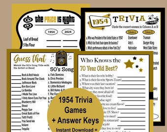 70th Birthday Game Bundle, 70th Birthday Gold and Black Trivia Games, 1954 Adult Party Games, 70th Price is Right Trivia, Instant Download