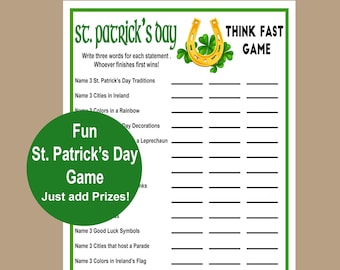 St Patricks Day Trivia Game, Think Fast Game, St Patricks Day Printable Games, Fun St Patricks Day Trivia Game, Fun St Paddys Family Game