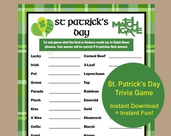 St Patricks Day Finish The Phrase Game, St Patricks Day Match Game, St Patricks Day Trivia Game,St Patricks Day Party Game, Instant Download