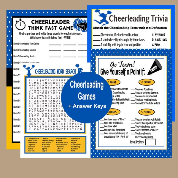 Cheerleading Games, Cheerleading Trivia, Cheerleading Birthday Party Games, Cheerleading Word Search, Cheerleading Girls Team Party