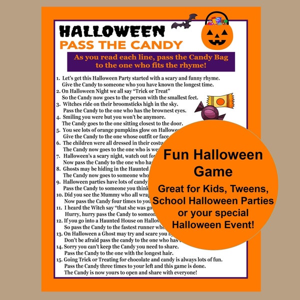 Halloween Game for Kids, Halloween Pass the Present Game, Halloween Candy Game, Tween Halloween Game, Halloween Birthday Sleepover Game