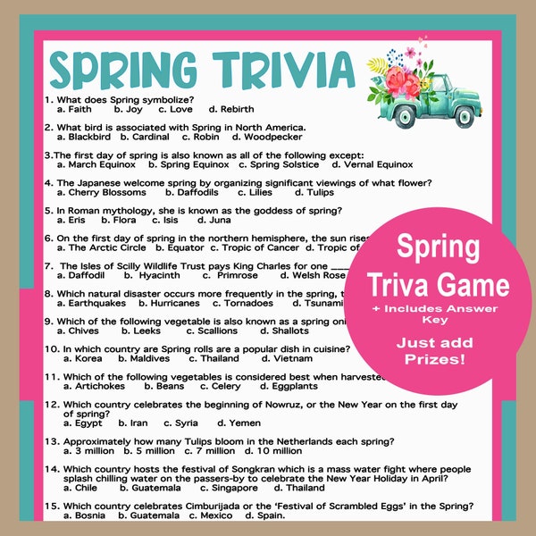 Juego de trivia de primavera, juego de primavera imprimible, divertidos juegos de primavera, actividades de primavera para adultos, adolescentes y niños, juego de escuela de primavera
