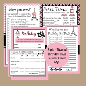 Birthday Games for Women, Paris Theme Birthday Games, Printable Games, 21st, 30th, 40th, 50th, 60th Birthday Party Games, Instant Download