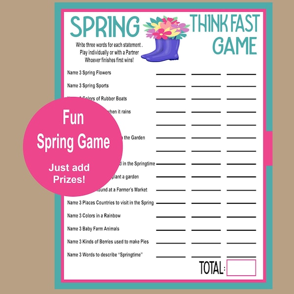 Spring Trivia Game, Think Fast Game, Spring Printable Games, Fun Spring Trivia Game, Rainy Day Game, Family Game, Instant Download