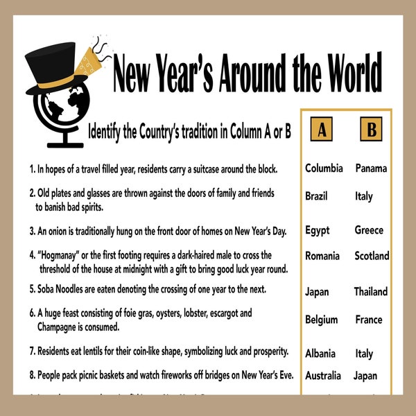 New Years Trivia Game, New Years Eve Party Game, New Years World Traditions, Fun Holiday Game, Adult Party Game, New Years Printable Game