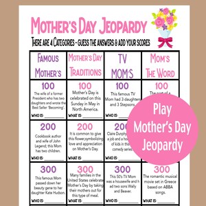 May include: A Mother's Day Jeopardy game board with categories like Famous Mothers and TV Moms. The game features questions with point values and a pink circle with the text "Play Mother's Day Jeopardy."