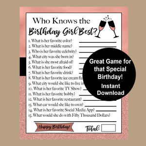 Who Knows the Birthday Girl Best Game, 21st, 25th, 30th, 35th, 40th Birthday Trivia Game, Games for Woman, Games for Her, Instant Download