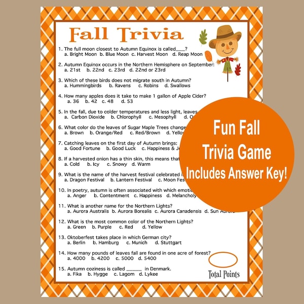 Fall Trivia Game, Printable Autumn Game, Fall Time Activities for Adults & Kids, Seniors Game for Fall, Harvest Game, Virtual Icebreaker