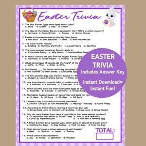 May include: A printable Easter trivia game with a purple background and a cartoon bunny rabbit. The game includes questions about Easter traditions, history, and food. The text "Easter Trivia" is at the top of the page, and the text "Includes Answer Key" and "Instant Download = Instant Fun!" is in a box at the bottom of the page.