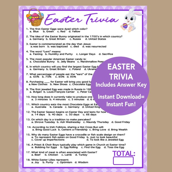 Easter Games, Easter Trivia  Party Game, Adult Trivia Game, Teen Easter Game, Printable Games, Easter Group Game, Instant Download