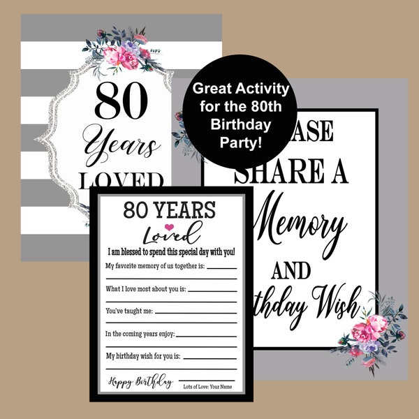 80th Birthday Share a Memory Cards, 80th Birthday Signs, 80th Birthday Memories, 1944 Birthday, 80th Birthday Activity, Instant Download