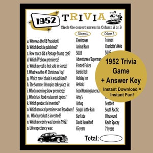 1952 Trivia Game, 1952 Quiz Game, 1952 Verjaardagsspel