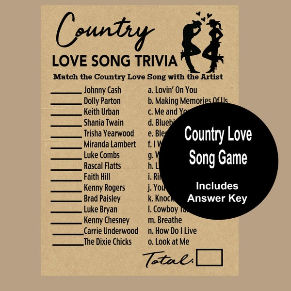 Country Love Song Trivia Game,  Engagement Party Games, Rustic Bridal Shower Song Game, Anniversary Games, Instant Download