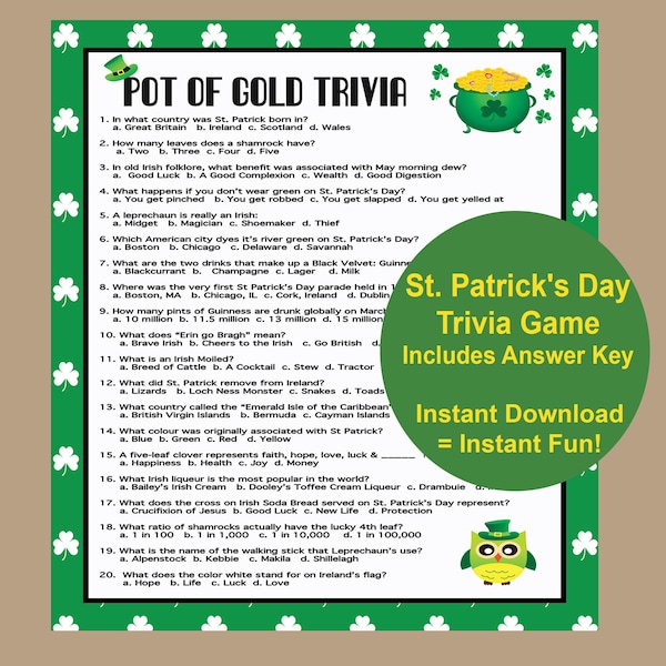 St Patricks Day Games, St Patricks Day Trivia  Party Game, Adult Trivia Game, Teen St Patricks Day Printable Games, Instant Download