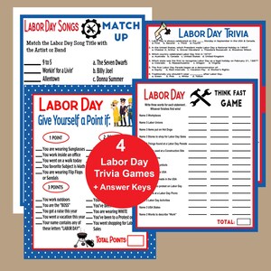 May include: Four printable Labor Day trivia games with answer keys. The games include a "Think Fast" game, a "Match Up" game, and two "Give Yourself a Point If" games. The games are designed to be played at a Labor Day party or gathering.