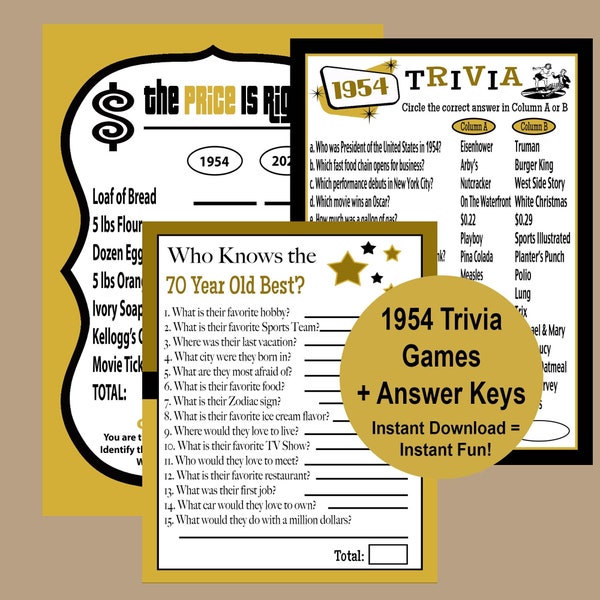 1954 Birthday Party Games, 70th Birthday Party Games, 70th Trivia Games, 1954 Price is Right Trivia Game, Who Knows the 70 Year Old Best