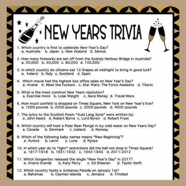 New Years Trivia Game, New Years Eve Trivia Game 2023, Printable New Years Day Game 2023, Fun Family Game for New Years, Adult Party Game