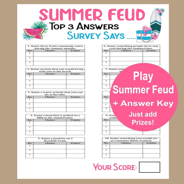 Summer Family Feud Trivia Game, Summer Trivia Game, Summer Seniors Game, Summer Camp Game, Summer Icebreaker, Fun Summer Activity