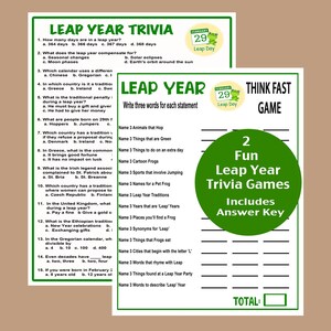 Leap Year Trivia Game, Leap Year Quiz, February 29th Trivia Game, Leap Year Activity for Tweens, Teens, Adults, Leap Year Think Fast Game
