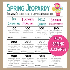 Gioco di quiz di primavera, Jeopardy di primavera, Gioco di primavera per anziani, Gioco di scuola di primavera, Rompighiaccio di primavera, Attività primaverili divertenti, Gioco di primavera per famiglie