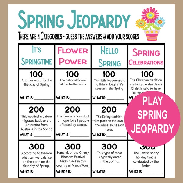 Spring Trivia Game, Spring Jeopardy, Spring Seniors Game, Spring School Game, Spring Icebreaker, Fun Spring Activity, Family Spring Game