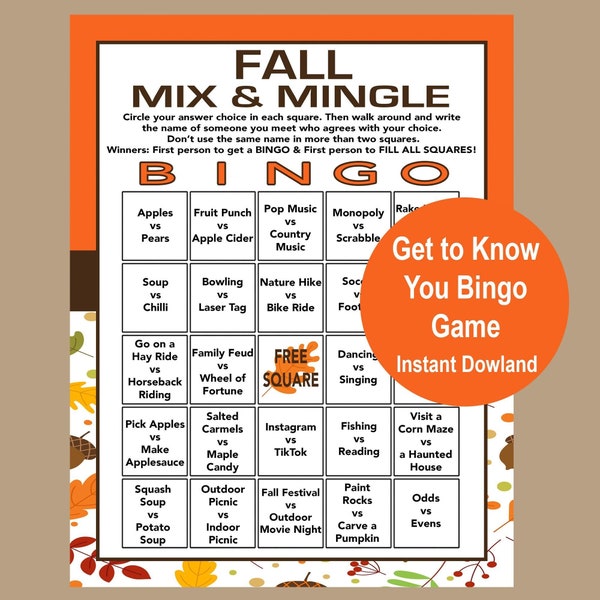 Icebreaker Bingo, Mix and Mingle Icebreaker, Fall Group Game, Teen Icebreaker Game, Fall Human Bingo, Find the Guest Game, Instant Download