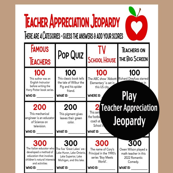 Teacher Appreciation Jeopardy Game, Teacher Appreciation Activity, Teacher Trivia Game, Teacher Retirement Game, Elementary Teacher Game,
